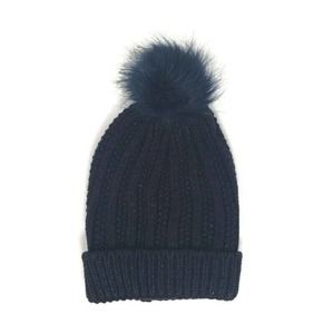 New York and Company Women's Pom Pom Hat Blue OS Winter Warm Cozy Cable Knit New